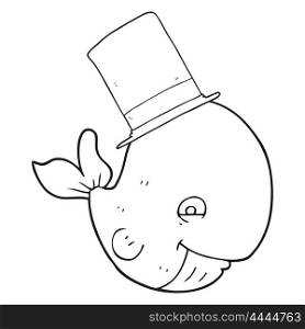 freehand drawn black and white cartoon whale in top hat