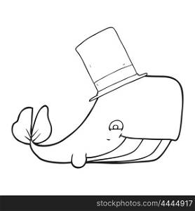 freehand drawn black and white cartoon whale in top hat