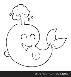 freehand drawn black and white cartoon whale spouting water