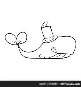 freehand drawn black and white cartoon whale wearing hat