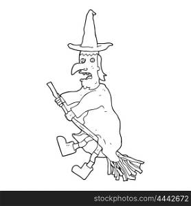 freehand drawn black and white cartoon witch flying on broom