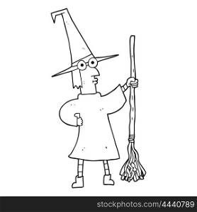 freehand drawn black and white cartoon witch with broom