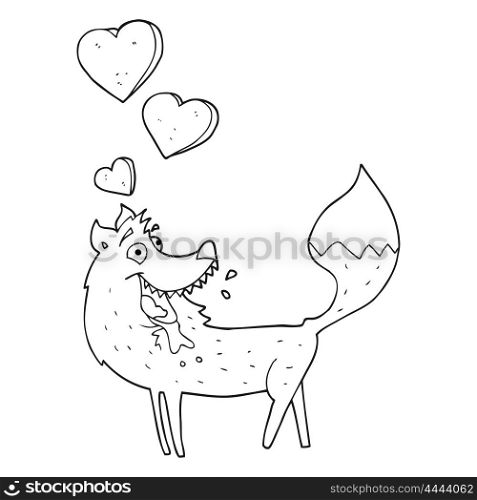freehand drawn black and white cartoon wolf in love