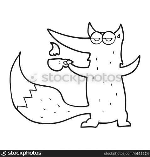 freehand drawn black and white cartoon wolf with coffee cup