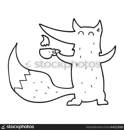 freehand drawn black and white cartoon wolf with coffee cup