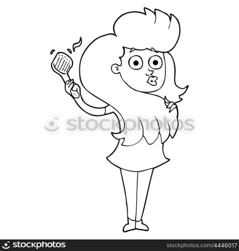 freehand drawn black and white cartoon woman brushing hair
