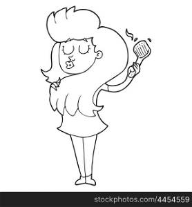 freehand drawn black and white cartoon woman brushing hair