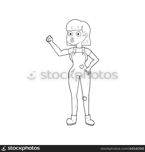 freehand drawn black and white cartoon woman clenching fist
