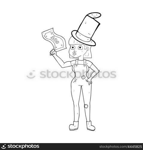 freehand drawn black and white cartoon woman holding on to money