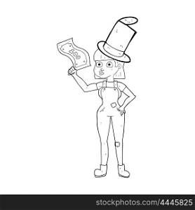 freehand drawn black and white cartoon woman holding on to money