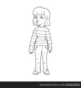 freehand drawn black and white cartoon woman in casual clothes