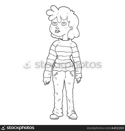 freehand drawn black and white cartoon woman in casual clothes