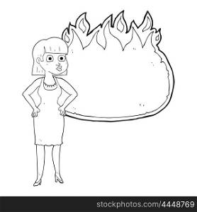 freehand drawn black and white cartoon woman in dress with hands on hips and flame banner
