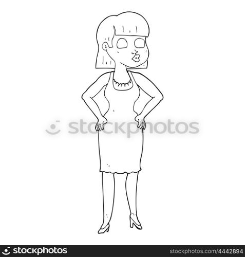 freehand drawn black and white cartoon woman in dress with hands on hips