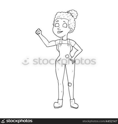 freehand drawn black and white cartoon woman in dungarees