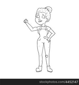 freehand drawn black and white cartoon woman in dungarees