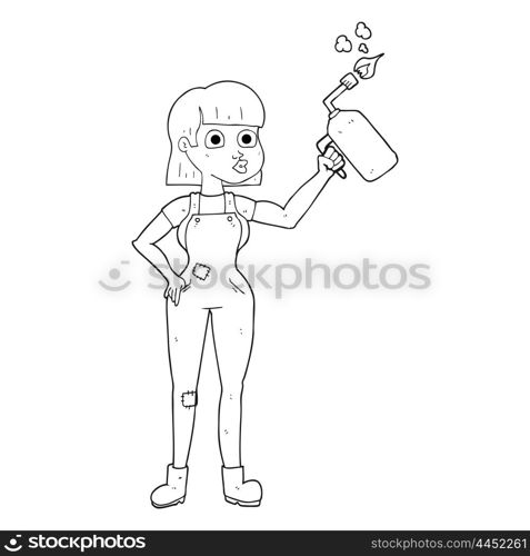 freehand drawn black and white cartoon woman in dungarees