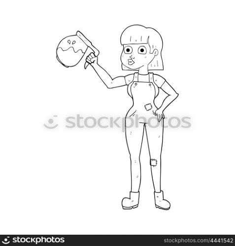 freehand drawn black and white cartoon woman in dungarees with coffee