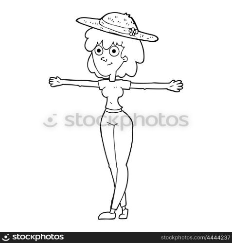 freehand drawn black and white cartoon woman spreading arms