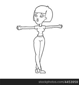 freehand drawn black and white cartoon woman spreading arms