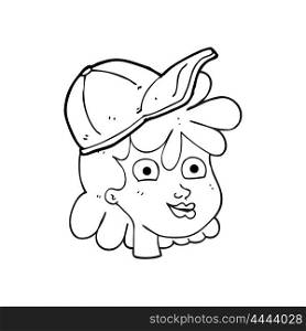 freehand drawn black and white cartoon woman wearing cap