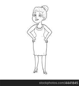 freehand drawn black and white cartoon woman wearing dress