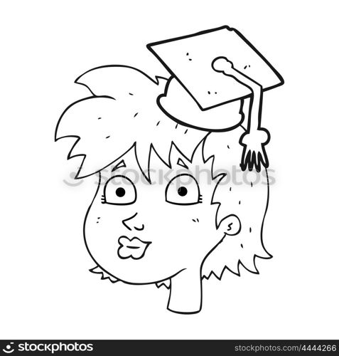 freehand drawn black and white cartoon woman wearing graduate cap
