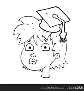 freehand drawn black and white cartoon woman wearing graduate cap