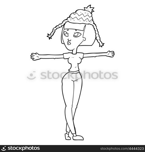 freehand drawn black and white cartoon woman wearing hat