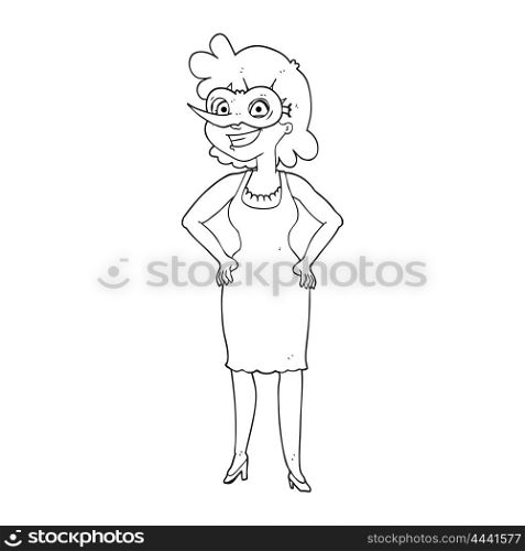freehand drawn black and white cartoon woman wearing mask