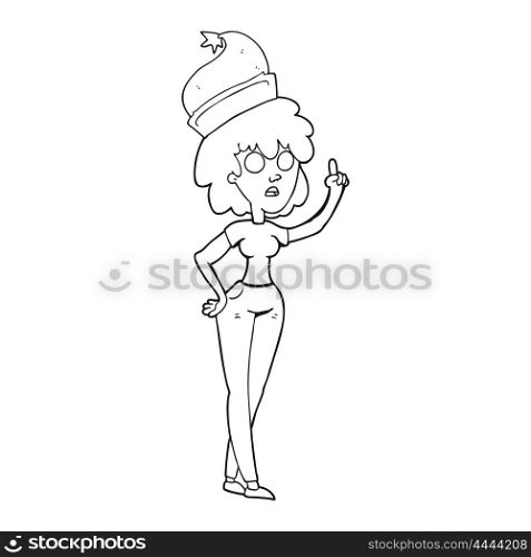 freehand drawn black and white cartoon woman wearing santa hat
