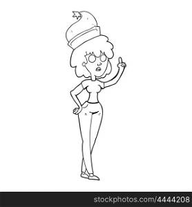 freehand drawn black and white cartoon woman wearing santa hat