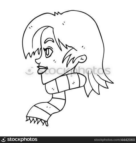 freehand drawn black and white cartoon woman wearing scarf