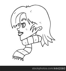 freehand drawn black and white cartoon woman wearing scarf
