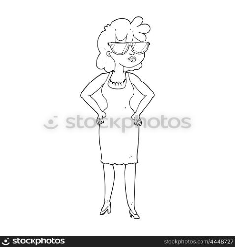 freehand drawn black and white cartoon woman wearing sunglasses