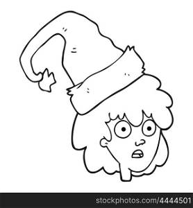 freehand drawn black and white cartoon woman wearning santa hat