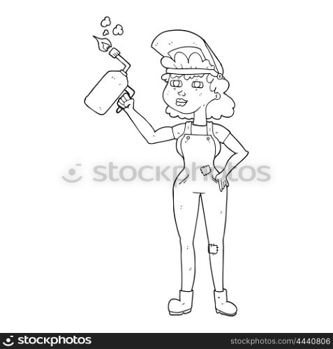 freehand drawn black and white cartoon woman welding