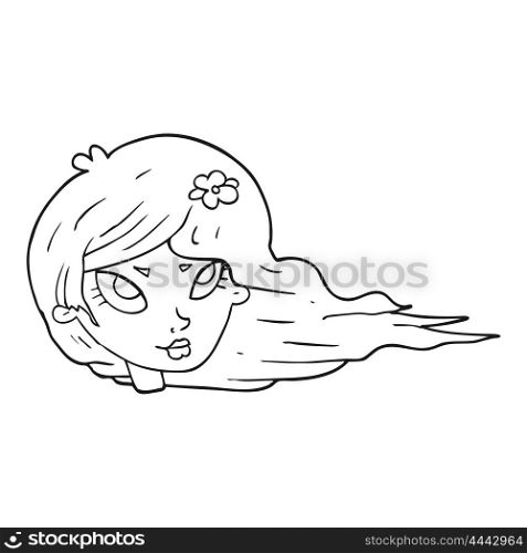 freehand drawn black and white cartoon woman with blowing hair