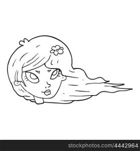 freehand drawn black and white cartoon woman with blowing hair