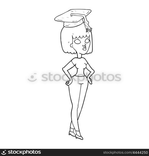 freehand drawn black and white cartoon woman with graduation cap