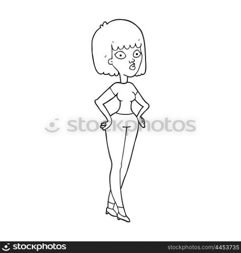 freehand drawn black and white cartoon woman with hands on hips