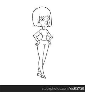 freehand drawn black and white cartoon woman with hands on hips