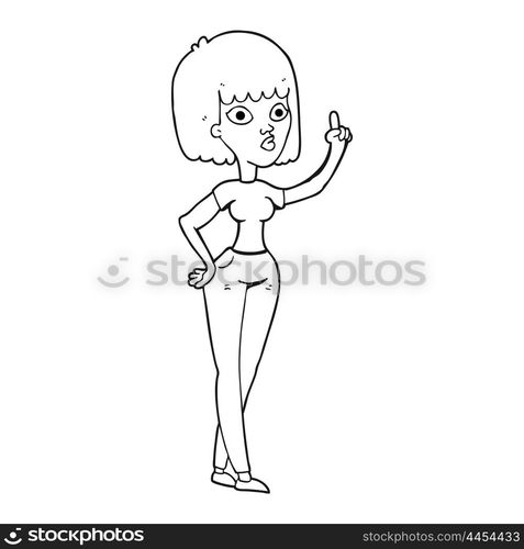 freehand drawn black and white cartoon woman with idea