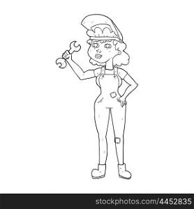 freehand drawn black and white cartoon woman with spanner