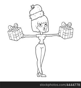 freehand drawn black and white cartoon woman with xmas presents