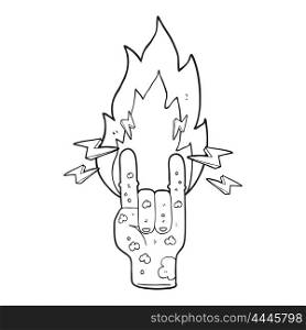 freehand drawn black and white cartoon zombie hand making horn sign