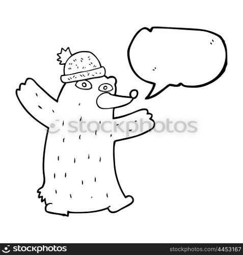 freehand drawn speech bubble cartoon bear wearing hat