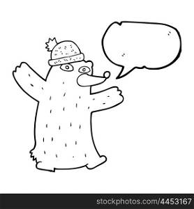 freehand drawn speech bubble cartoon bear wearing hat