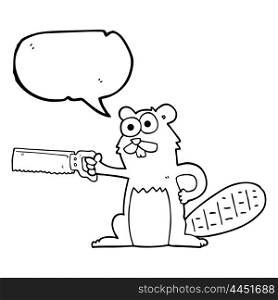 freehand drawn speech bubble cartoon beaver with saw