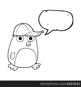 freehand drawn speech bubble cartoon bird in cap